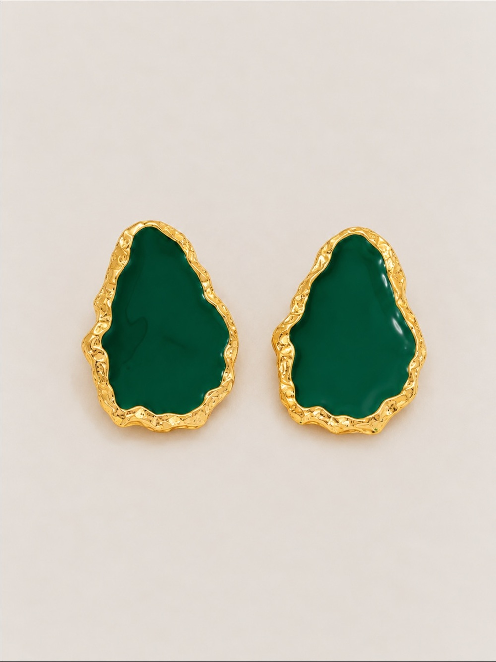 New! Emerald Green Organic Statement Post Earrings Gold Trim NWOT